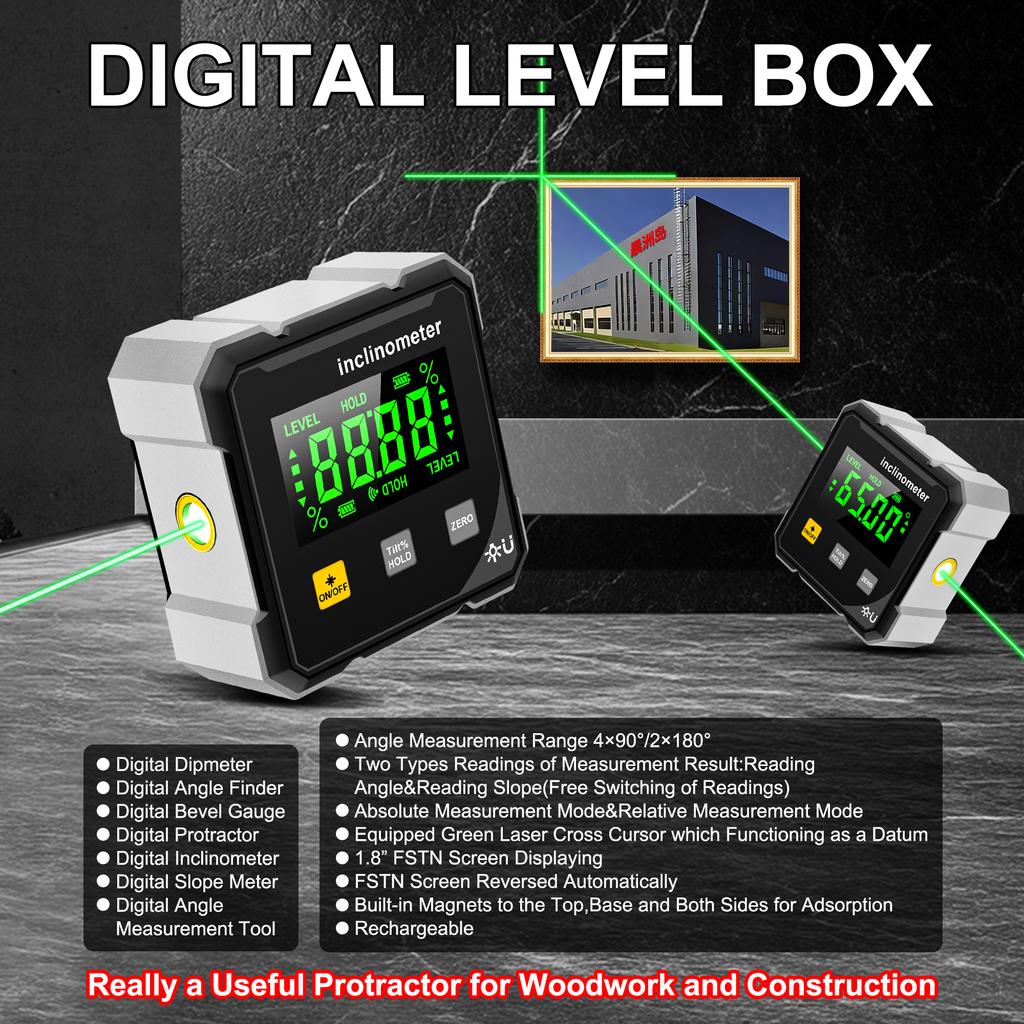 Digital Angle Measurement Tool Level Box Angle Finder Protractor Inclinometer with Green Laser Cross Cursor and Magnets Equipped
