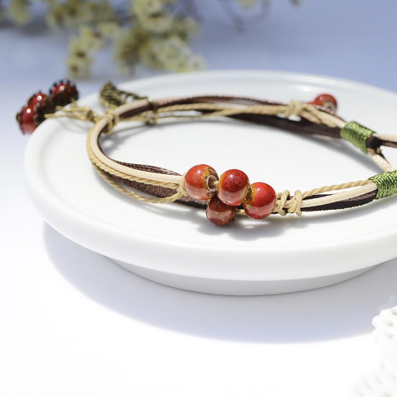 Retro cherry bracelet ceramic flower glaze leaf bracelet women's fashion ethnic style versatile accessories