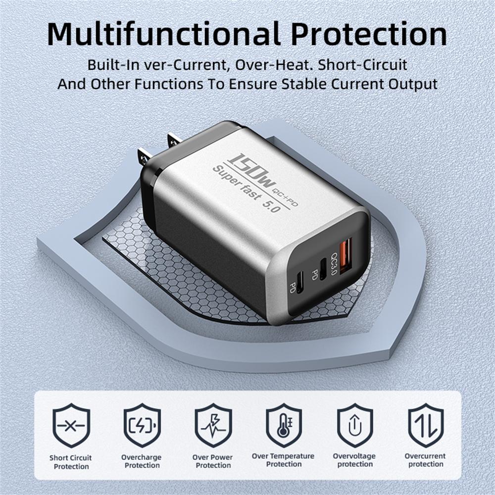 150W Fast Charging USB Type C Charger Mobile Phone Charger QC3.0 For iPhone 17 Samsung Xiaomi EU/UK/US Plug Travel Wall Adapter