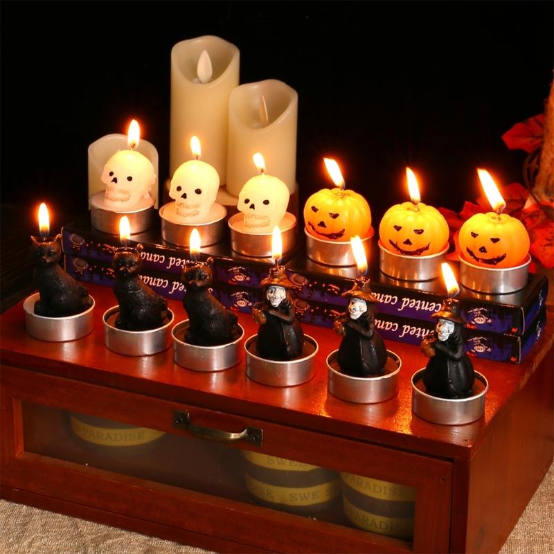 Set of 3 Halloween Themed Candle Ornaments Funny Black Cats Skull Pumpkin Witches Shape Candle for Home and Party Decors