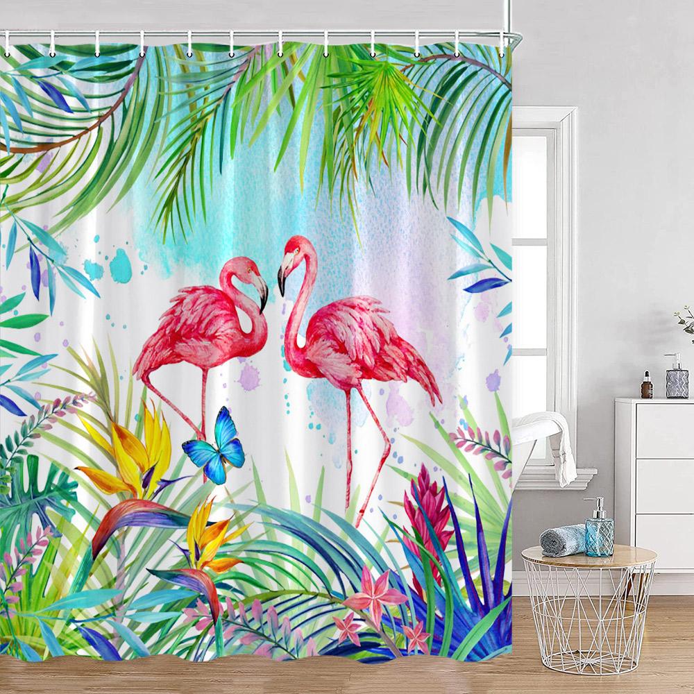 Flamingos Shower Curtains Tropical Leaves Pink Birds Green Plants Bathroom Curtain Polyester Fabric Home Decorations with Hooks