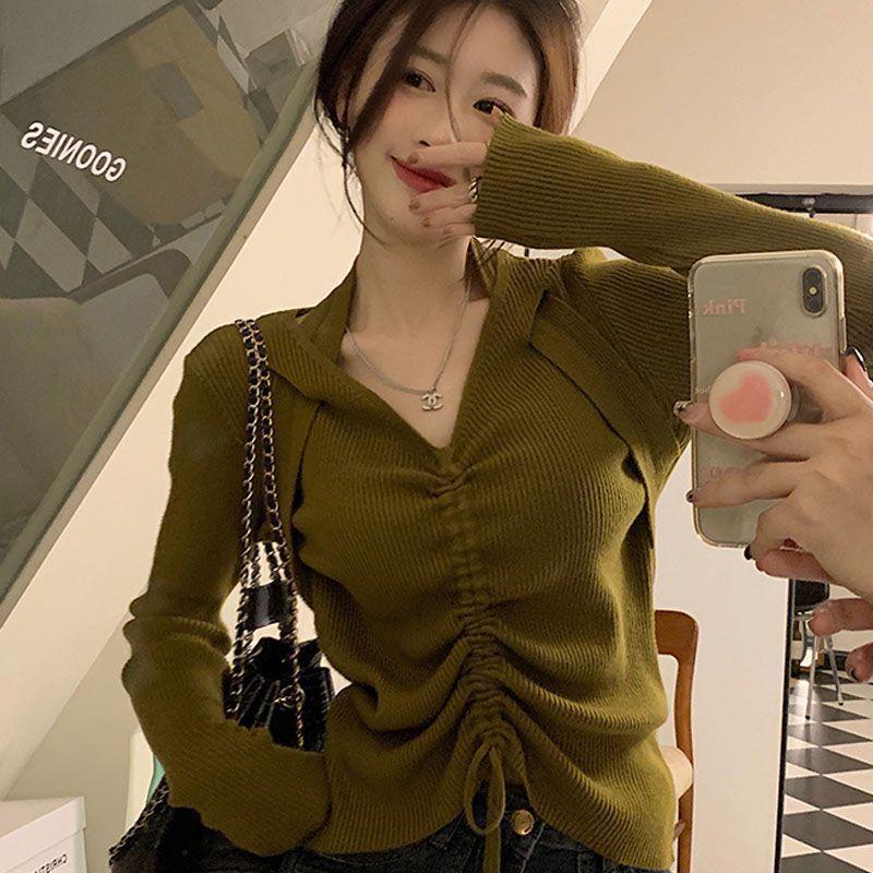 Damen-T-Shirt mit langen Ärmeln und Kordelzug vorne an der Schulter, Top für Frauen