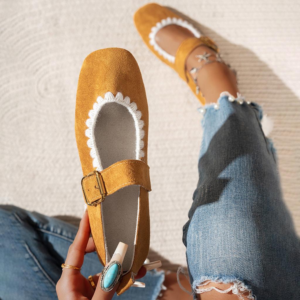 Damen Vintage Wildleder Mary Jane Ballerinas - Einfarbige tief ausgeschnittene Slipper für den Herbst, lässige Retro-Ballerinas