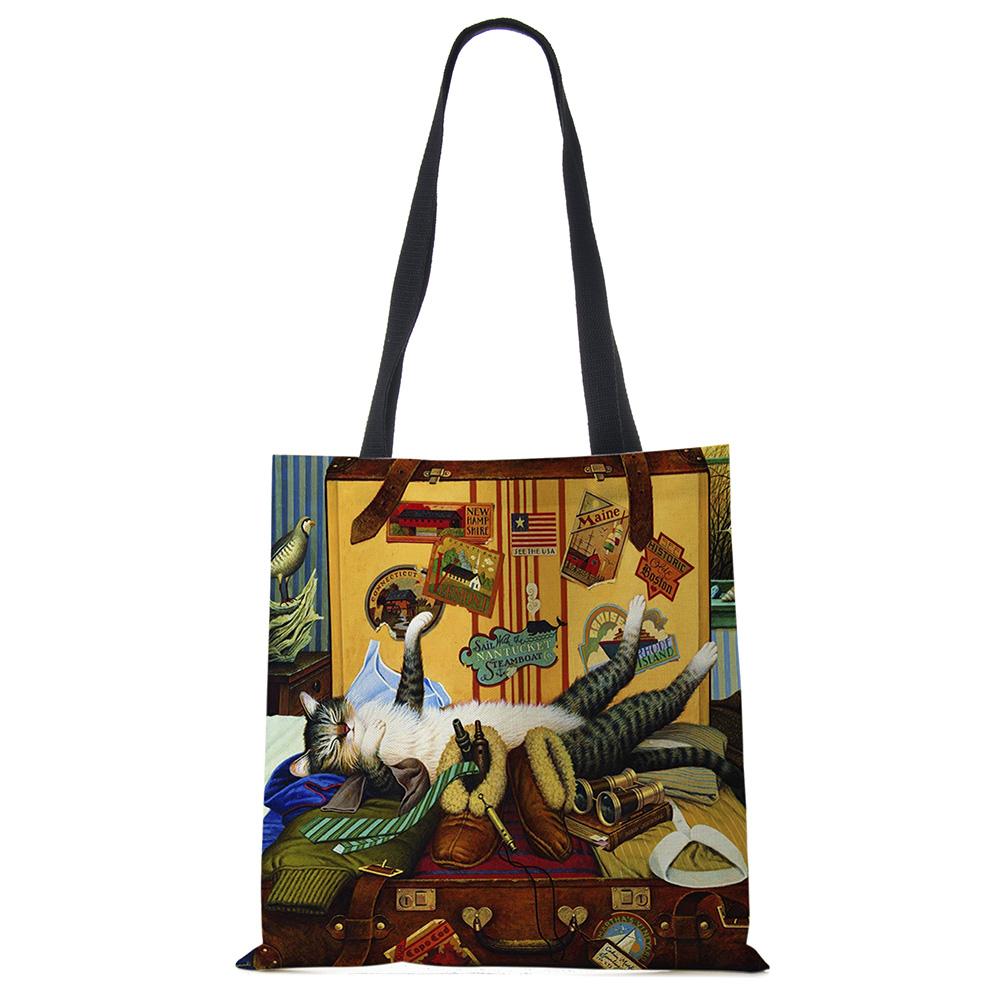 Customize Oil Painting Cat Print Womens Designer Tote Bags Linen Reusable Shopping Bag For Groceries Shoulder Bags for Lady 2020 Casually