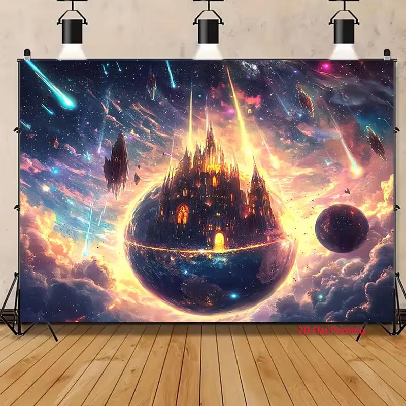 Epic Cosmic Castle Tapestry, Glowing Medieval Palace on a Planet in Vibrant Starry Nebula, Dreamy Fantasy Wall Art