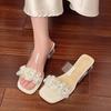 Rhinestone flower thick heel cool slippers women's summer wear 2025 new fairy wind transparent word with crystal sandals