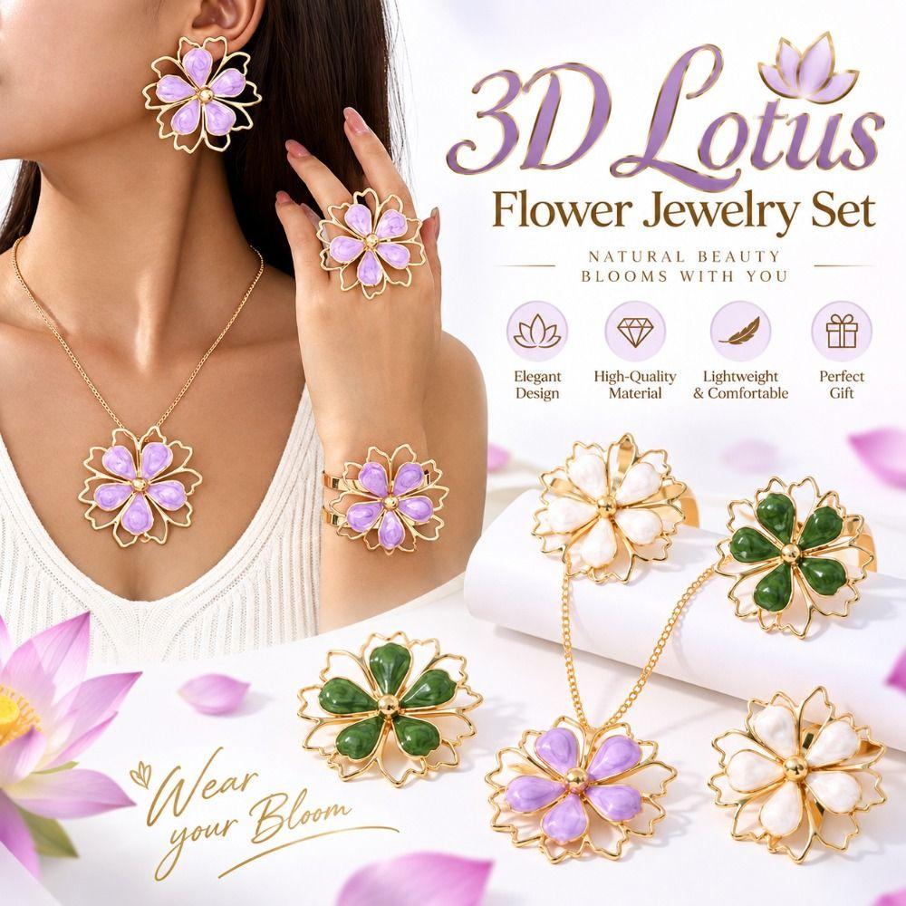 Double Layer 3D Lotus Flower Jewelry Set Hollow Out Flower Necklace Gifts Flower Jewelry Set Women