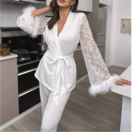 Plus Size Lace Trim Long Robe - Sexy Nightgown Lingerie for Women