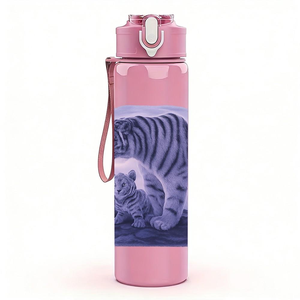 1PC Blue Tiger Dark Pattern Art 750ml Color Plastic Sports Water Bottle Leakproof Flip Straw Lid Suitable for Sports Office Home Use