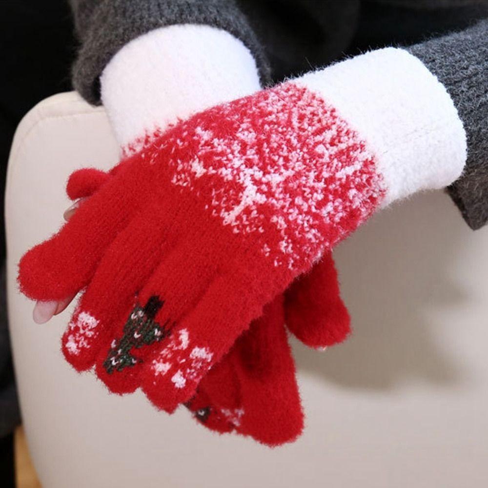 Red Christmas Knitted Gloves  Women Mittens Lovely Winter Velvet Gloves  Male