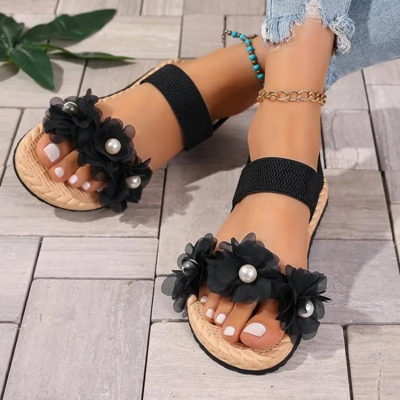 Women's Summer Flat Sandals 2025 Black Round Open Toe Elastic Band Shoes Floral Comfortable Women's Beach Sandals