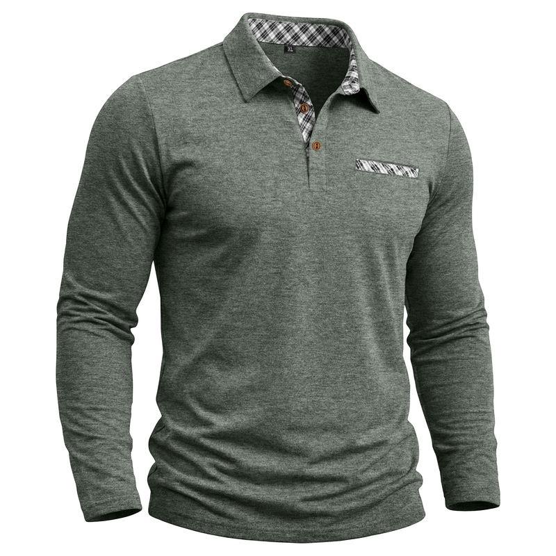 American Style Spring Autumn Men's Polo Shirts Long Sleeve Smart Casual Turn Down Collar Pull On Polos Man