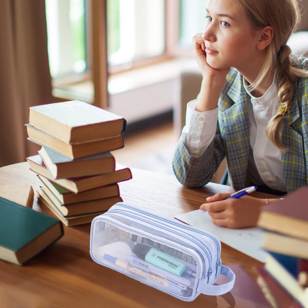 i Superb Triple Zipper Light Blue Pencil Case Large Capacity 3 Compartment Oxford Travel Organizer 21 x 5 9 cm