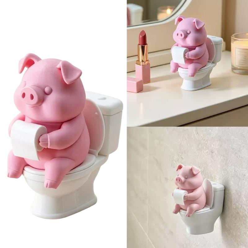 Funny Shelf Decors Pig On Toilet Figurine, 3D Printed Small Bathroom Counter Accent for Sink Area Styling, Desk Display, Bookshelf Decors, and Space