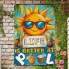 Vibrant Life Is Better At Pool Metal Tin Sign   Vintage Iron Wall Art with Smiling Sun TreesFashion Glasses Rustic O