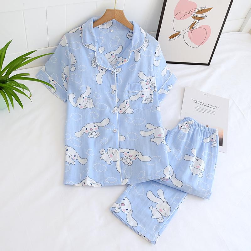 New Spring and Summer Pajamas Two-piece 100% Cotton Gauze Women's Short-sleeved Trousers Home Service Suit Cute and Thin