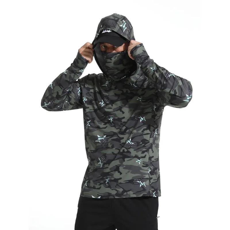 2024 Fishing Shirts Summer Mens Hooded Fishing Shirt Mask UV Hoodie Quick Drying Men's Long Sleeves Fishing Wear