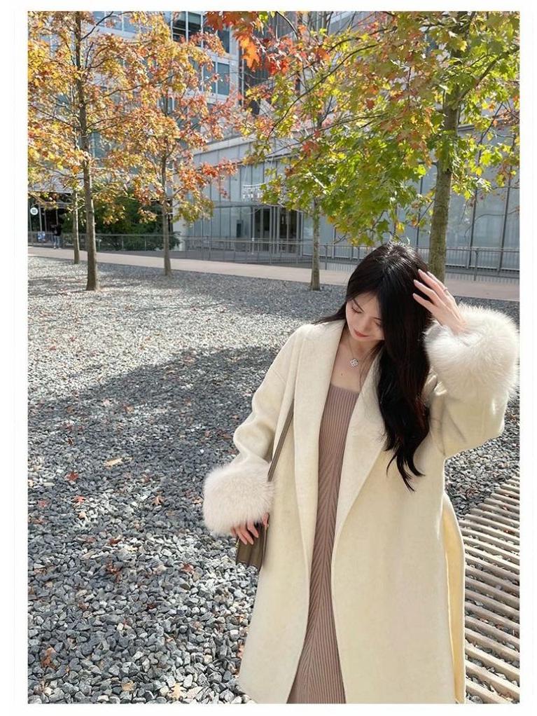 Manteau en Laine Mi-Long pour Femme avec Manches en Fourrure - Veste Décontractée Chic Automne/Hiver