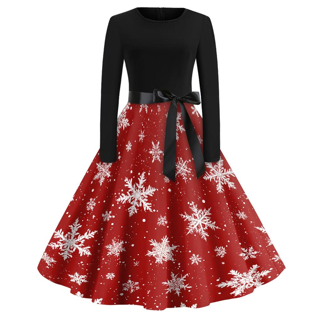Women's Vintage V-Neck Christmas Print Casual Dress for Holiday Party