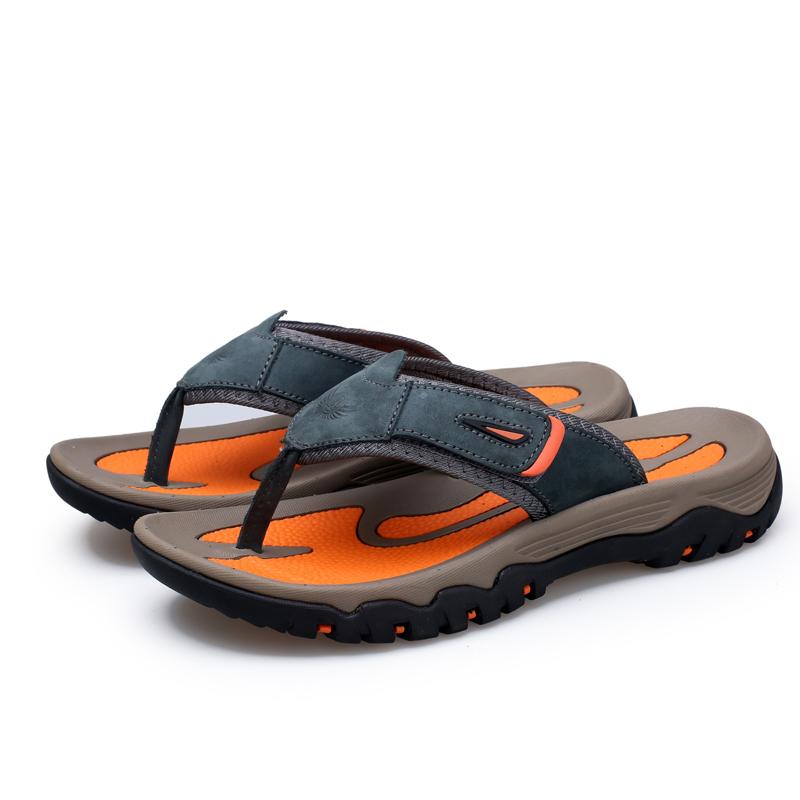 38-47 Sommer Echte Leder Herren Flip-Flops Rutschfest Handgefertigte Leder Pantoffeln 41 blau/graue