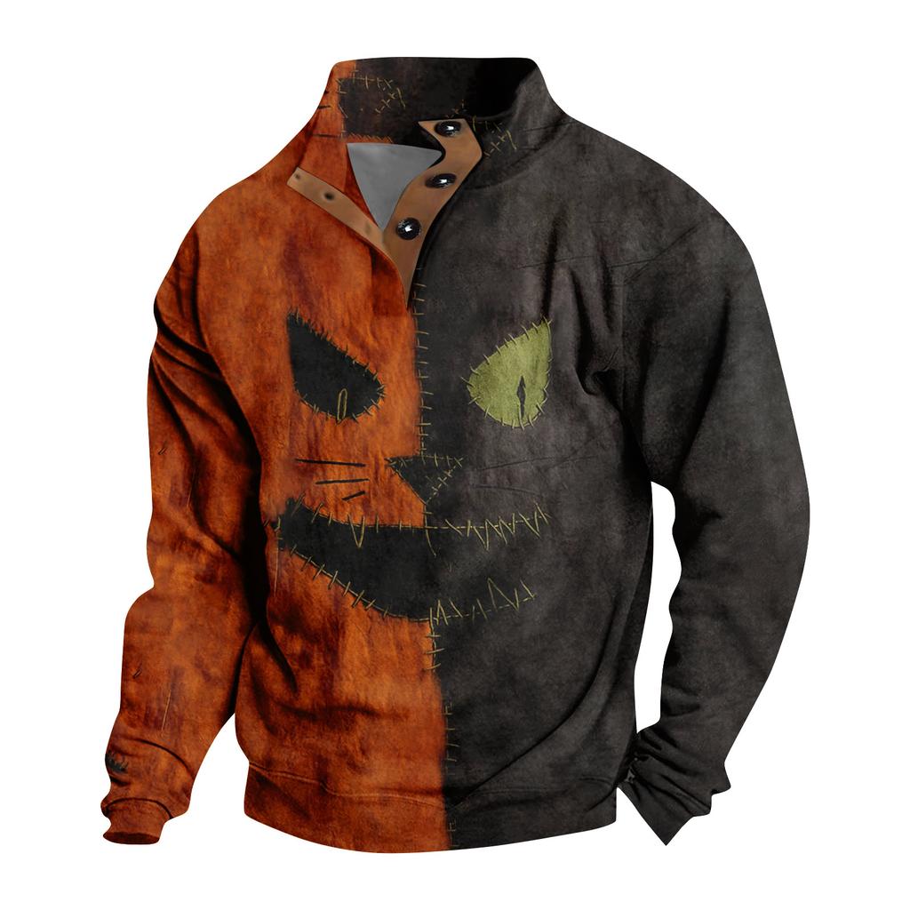 Men's Casual Fashion Christmas Printed Hoodless Sweatshirt Wide Men's Loose Button Stand Collar Hooded Sweatshirt