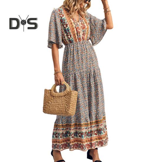 Dámské šaty Etnický bohémský styl Potisk Výstřih do V Krátké rukávy Pružný pas Skládaný Patchwork Maxi šaty A-line Letní dovolená Plážové šaty