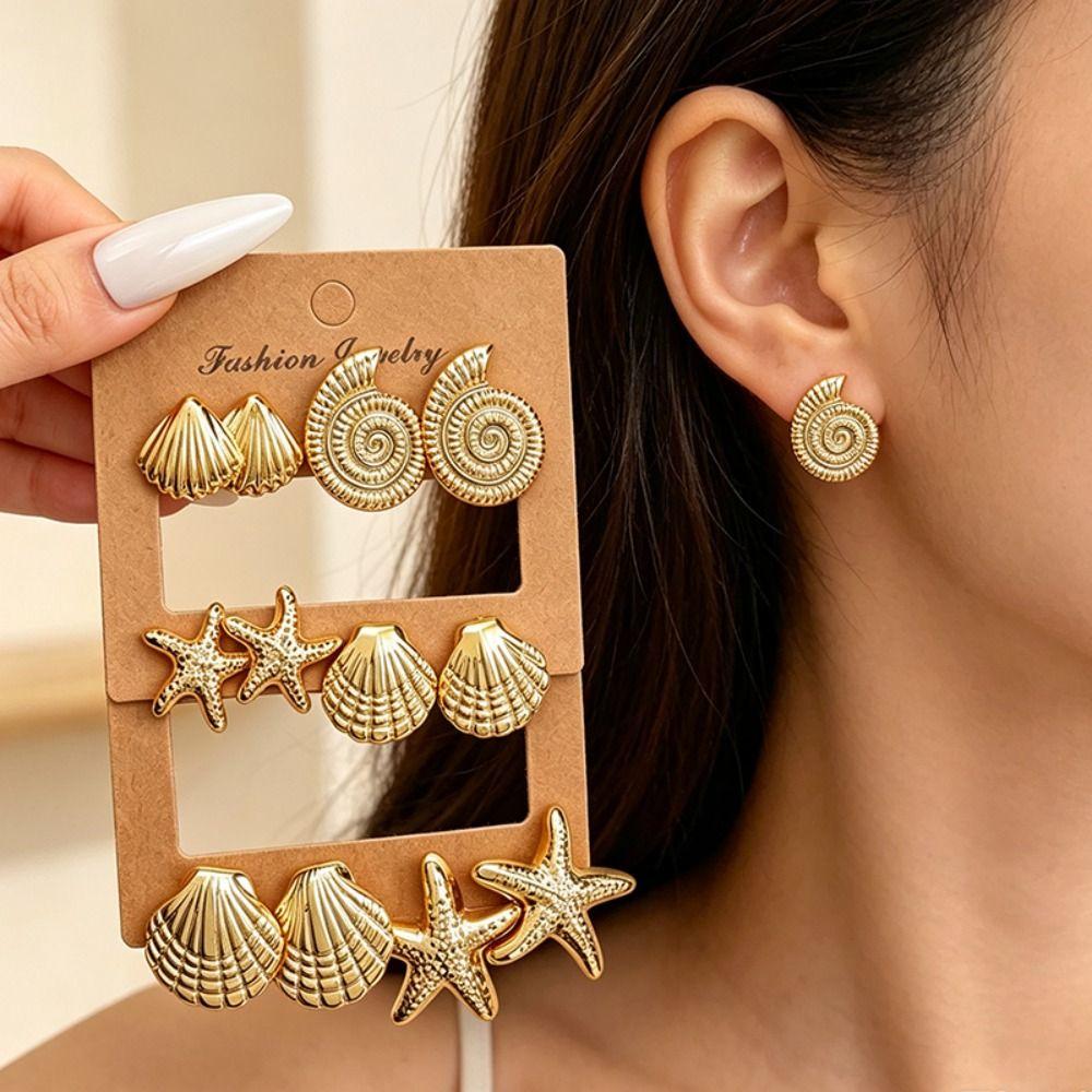 Starfish Shell Fashion Earring Set Ocean Inspired Stud Earrings Charm Earring Set Women Daily Wear