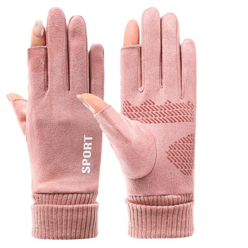 Suede Sports Gloves for Women In Autumn and Winter Outdoor Electric Bike Korean Version of Cute Warm Plus Velvet Touch Screen Gloves