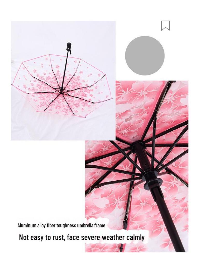 Cherry Blossom Transparent Automatic Umbrella - Soft Girl Three-Fold Design
