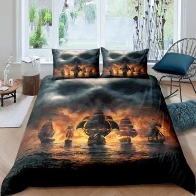 Piraten Bettbezug Set Queen Segelboot Bettdecke Set Nautisches Ozean Bettwäsche Set Cooler Stil Steppdeckenbezug Wellenmuster Dekor Tagesdecke