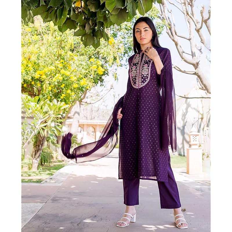 GoSriKi Women s Cotton Blend Straight Printed Kurta with Pant & Dupatta (RAJI-BEGANI-GS_L_Purple_Large) XL фиолетовый