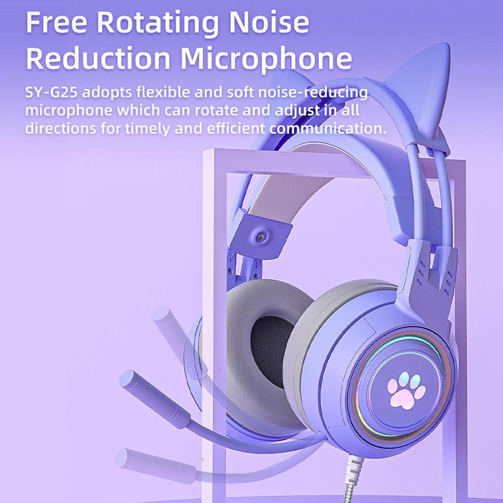 Cat Ear Headphones Purple Gaming Headset with Mic for Switch Xbox One PS4 PS5, Cute Girl Kids Wired Headphones Light up Kawaii Kitty Noise Cancelling