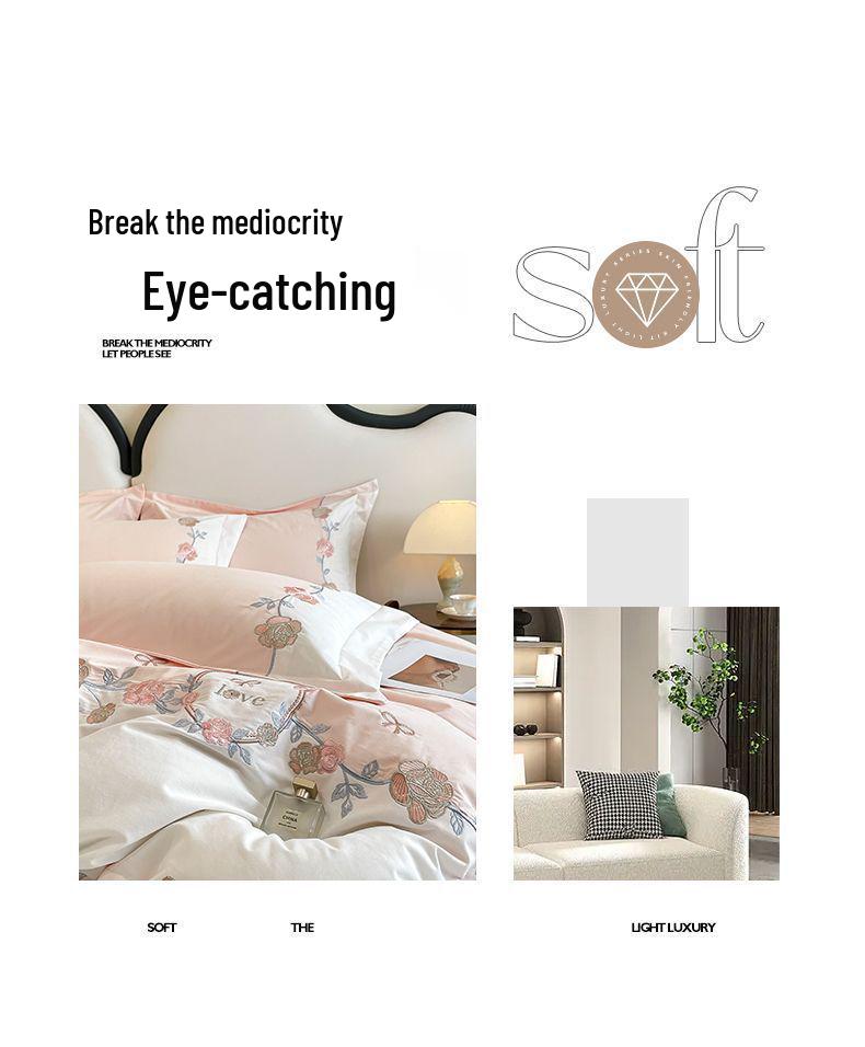 Set de lenjerie de pat de lux din bumbac integral cu broderie florală: Husă de plapumă și cearșaf de pat din bumbac de înaltă calitate cu fibre lungi.