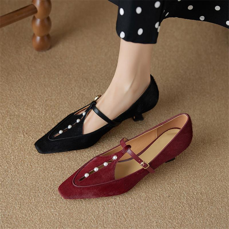 Fashion New Summer Horsehair Women Pumps Shoes for Women Fashion Pearl Square Toe Mary Jane Shoes Women Belt Buckle Ladies Shoes