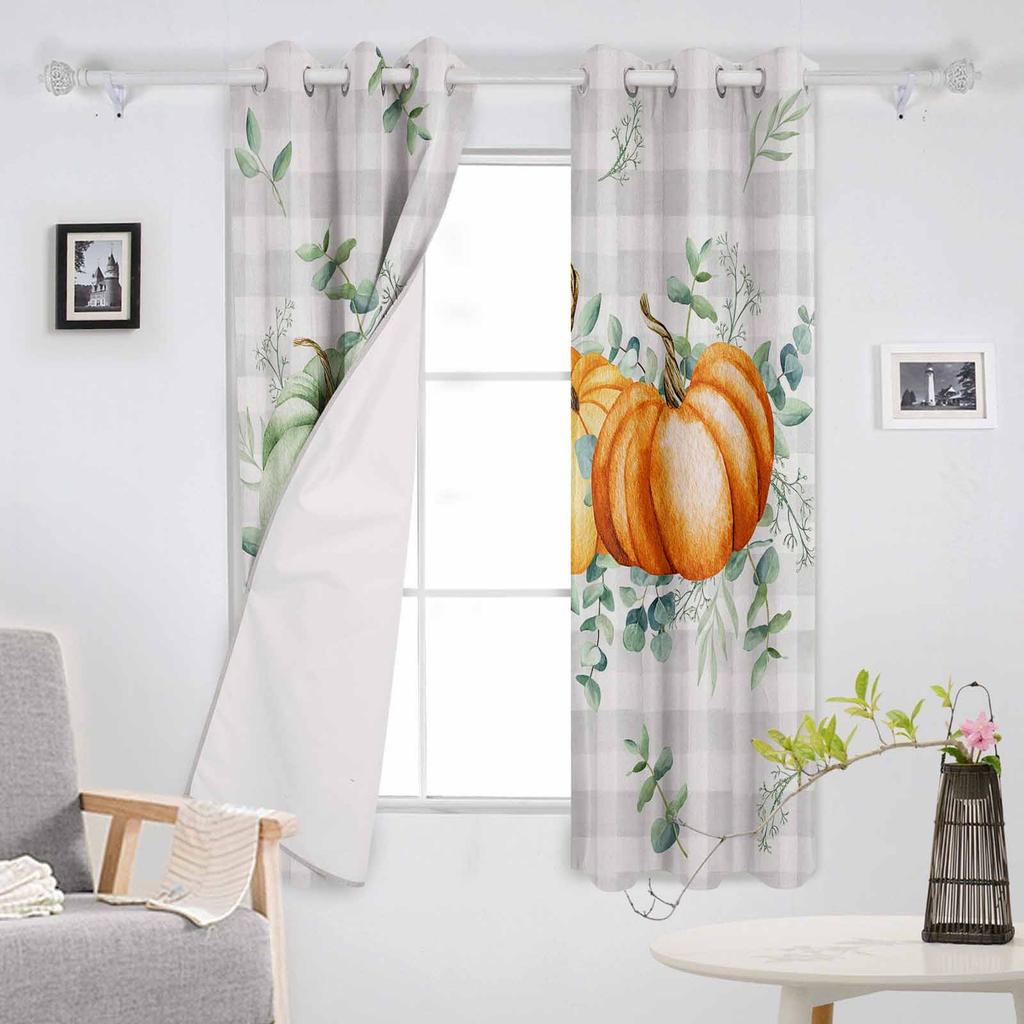 Tacksägelse Pumpa Eukalyptusblad Grå Rutig Mörkläggningsgardiner För Vardagsrum Sovrum Fönsterbehandling Persienner Draperier