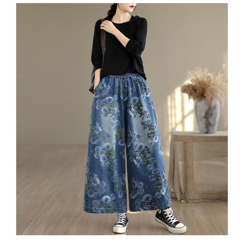 DIMANAF Plus Size Autumn 2025 Jeans New Long Pants Women Loose Denim Trousers Big Size Casual Floral Print