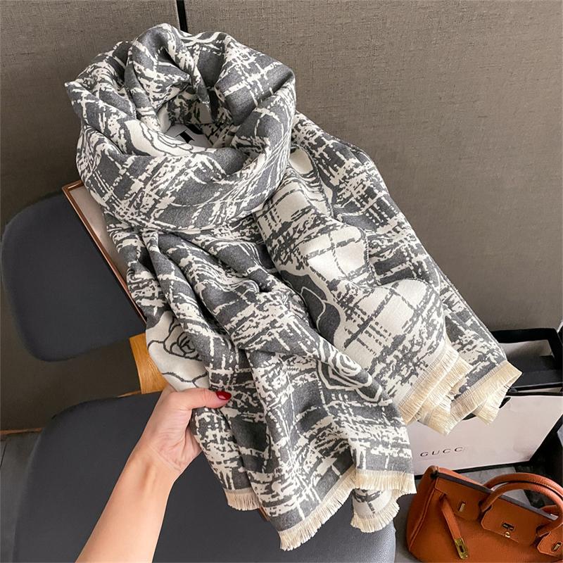 Luxury Brand Floral Print Scarf for Women Warmer Winter Cashmere Pashmina Scarves Shawls Female Thick Blanket Wraps Foulard
