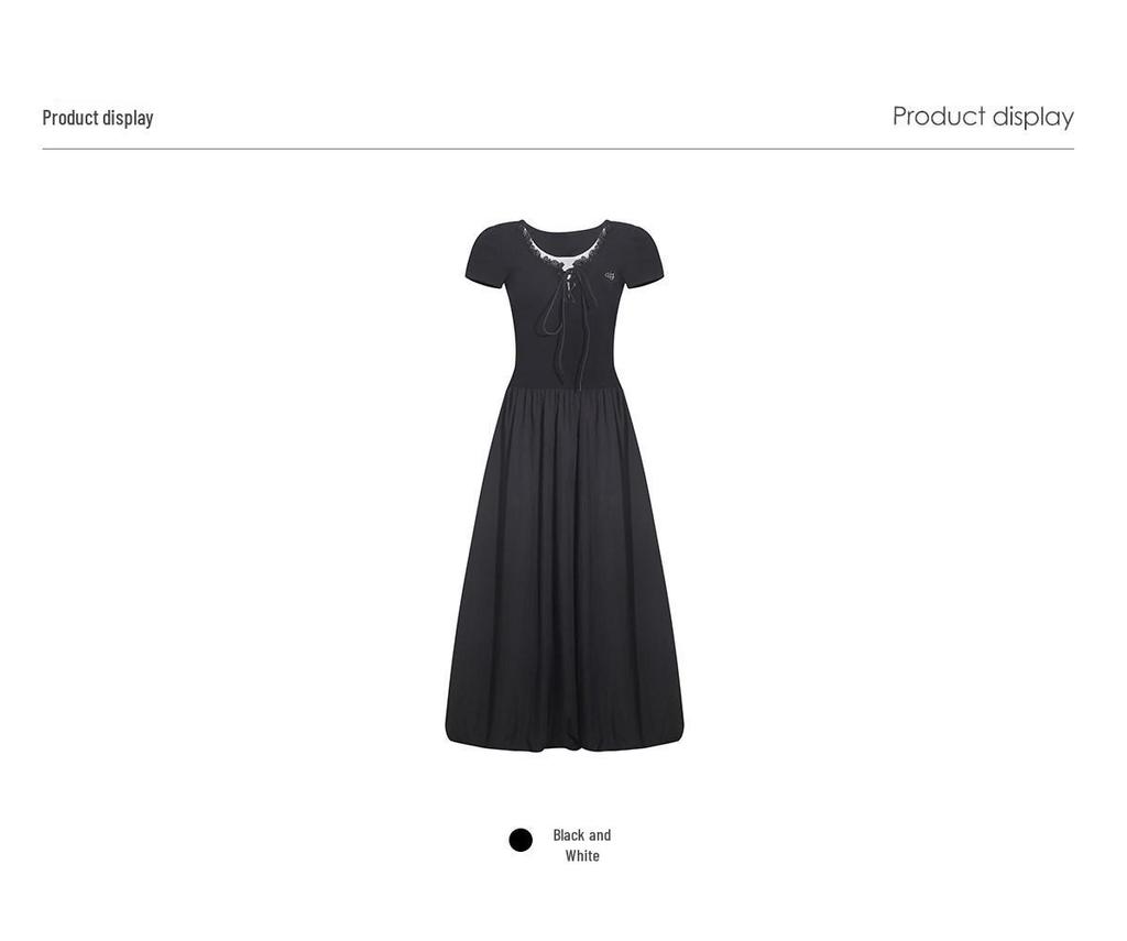 Women's A-line Short Sleeve Dress, 2025 Summer: Wild Berry Patchwork, Cinched Waist, Slim Fit, Elegant Long Length