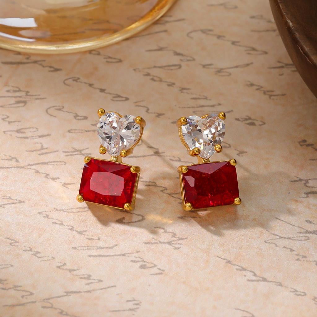 Leichter Luxus Liebe Diamant Rot und Grün Edelstein Ohrringe, Warme Winter Retro Temperament Ohrringe, Modische und Beliebte Diamantbesetzte Ohrringe.