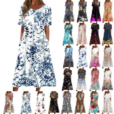 Women's Casual Dresses Printed Dresses Summer Dresses Printed Pleated Round Neck Midi Dresses Basic Classic Outdoor Daily Short Sleeve Loose Dresses