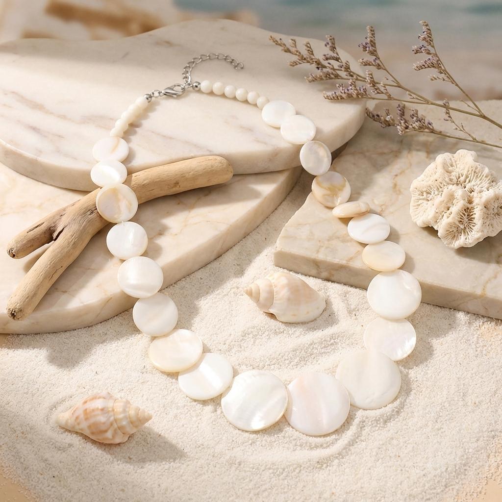 Vacation Style White Shell Disc Necklace for Women Luxury Round Seashell Beaded Collarbone Chain Minimalist Versatile Jewelry