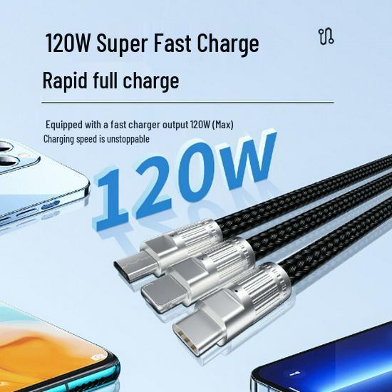 120W Orange 3-in-1 Braided Fast Charging Cable for Android, Apple & Type-C
