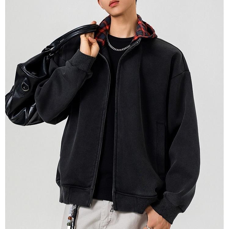 Unisex Retro Grid Patchwork Hooded Sweatshirt - Trendy American High Street Two-Piece Style Cardigan Jacket Medium чёрный