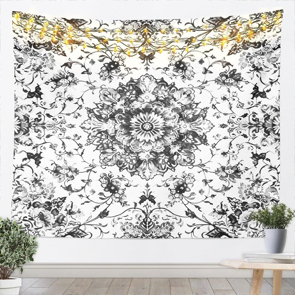Kids Black White Wall Hanging Blanket for Boys Girls Teens Antique Victorian Baroque Wall Art Breathable Gothic Vintage Floral