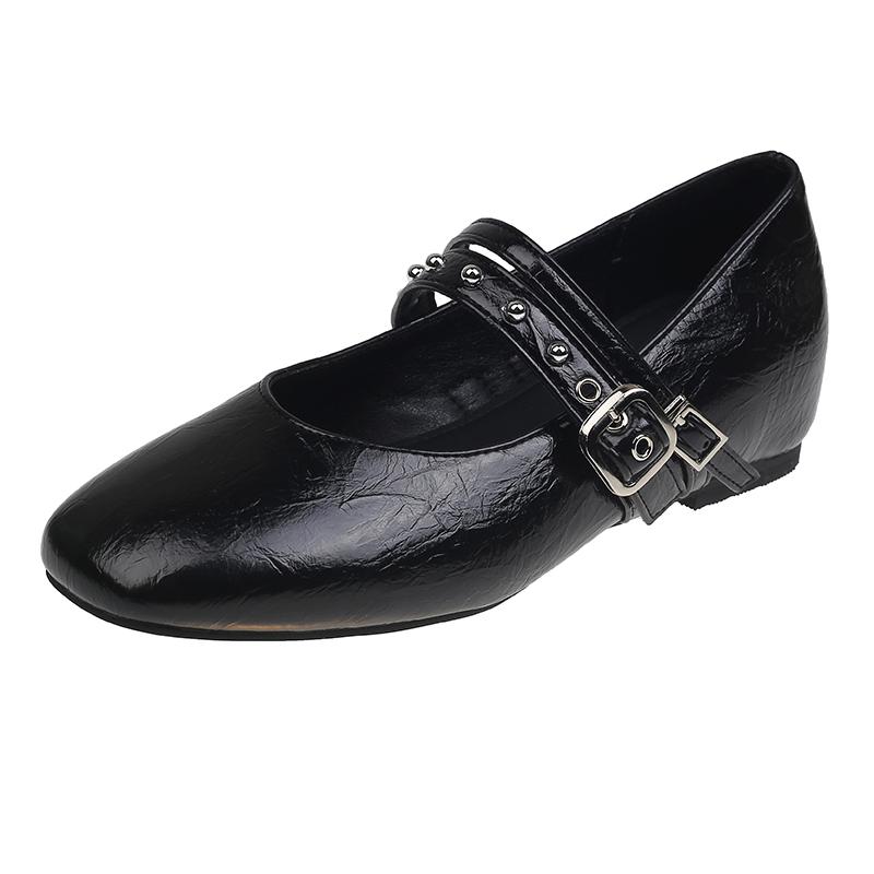 

Fashion Spring new single shoes women s fashion square head shallow mouth rivets metal one-line buckle soft sole non-slip flat shoes 35 чёрный