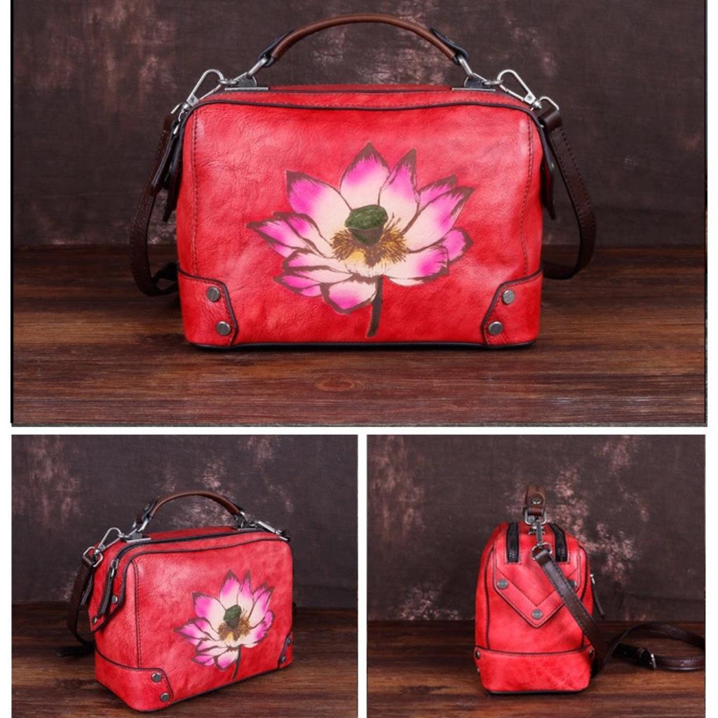 Vintage Leather Female Baotou Layer Cowhide Printed Handbag Texture Handmade Lotus Pillow Bag