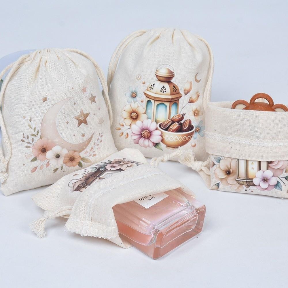 12 piece/set Reusable Eid Al Fitr Cotton Bags Decorative with Drawstring Candy Storage Bag Festival Gift Packaging Bags