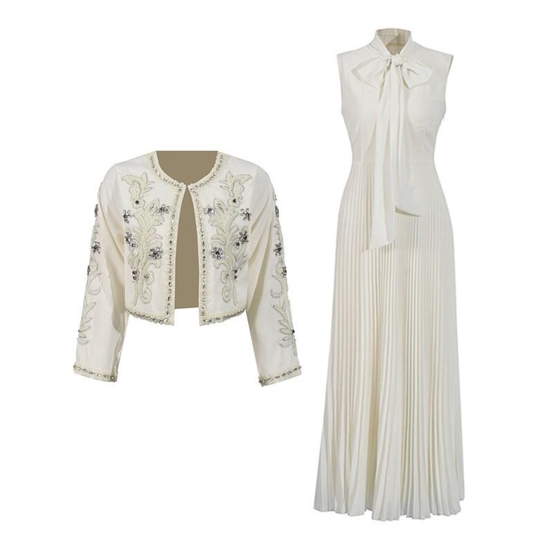 Retro Palace Heavy Industry Diamond-encrusted Two-piece Embroidery Coat Slim Sleeveless Dress Suit Women's