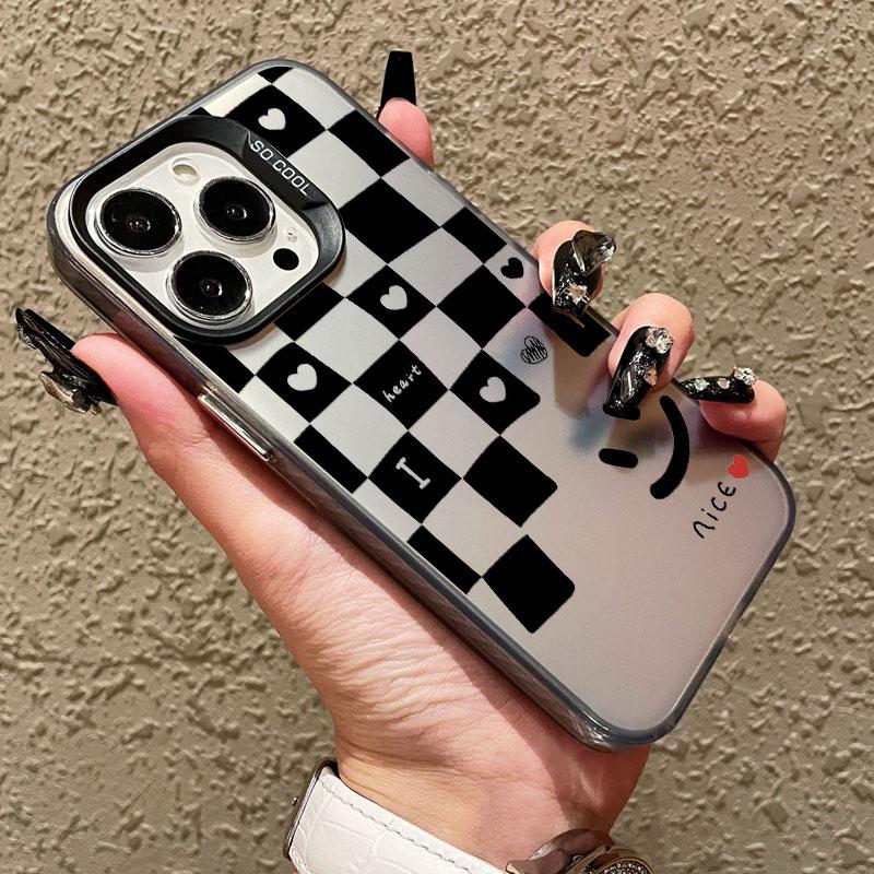 Black And White Plaid Print Smiling Face Laser Phone Case for iPhone 15 14 Pro Max Plus 16 17 Pro Max 13 12 Mini 11 Pro Max Case
