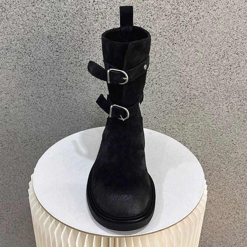 Cowhide version~ retro polished round head belt buckle Martin boots women's 2025 new thick heel western cowboy boots short boots